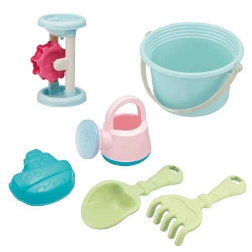 トイローヤル ワイドバケツセット (お砂場遊びセット) かわいい パステルカラー 砂場 (バケツ/クマデ/じょうろ/スコップ/砂型船/水車),砂場セット,砂遊び,