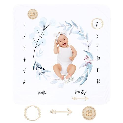 THREETA 【保育士監修】 月齢フォト 寝相アート マット ベビー グッズ ブランケット マンスリー フォト 赤ちゃん 木製付属品付き (01 グリーン),ハーフバースデー,