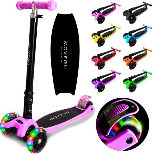 キックスクーター キックボード 子供用 三輪車 ４段階高さ調整 軽量 頑丈 方向変換 安定 光るLEDタイヤ 折りたたみ 方向変換 持ち運び便利 耐荷重50kg 後輪ブレーキ 誕生日 プレゼント おもちゃ ギフト キッズ MOVEGU 2022FW (Pink2022FW),4歳,誕生日プレゼント,