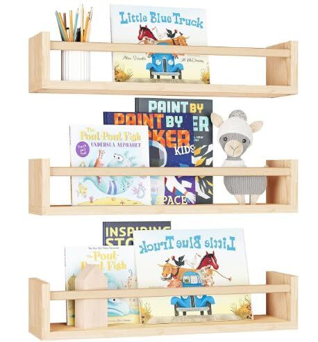 壁棚収納 ウォールシェルフ 3点セット 42*10*9cm 天然木壁掛け棚 飾り棚木製 賃貸 壁 棚 簡単取り付け 洗面所/キッチン/トイレ/玄関（オリジナルウッドカラー、3個セット）,絵本,収納,