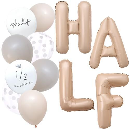 La Kissa ハーフバースデー バルーン HALF 1/2 ベージュ 大きい 誕生日 風船セット くすみ ナンバーバルーン アイボリー バースデー デコレーション (HALF, ベージュハーフ),ハーフバースデー,