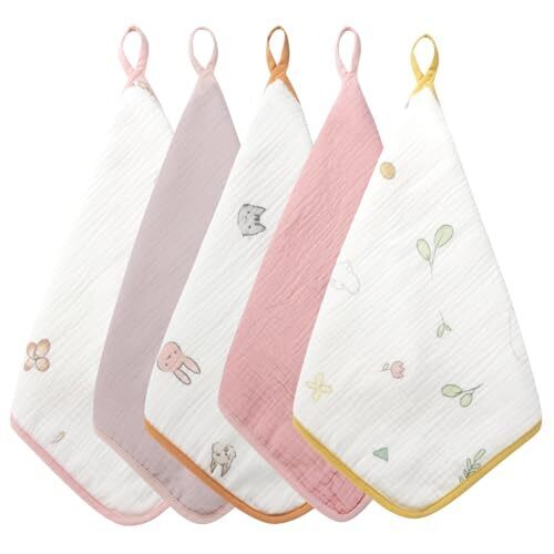 tecopeco ループタオル 5枚組 30cm×30cm 名前タグ付き【綿100％／6重ガーゼ】手書き風イラスト 無地 女の子 男の子 幼稚園 保育園 手拭きタオル ループ付き（ピンク）,保育園,入園準備,